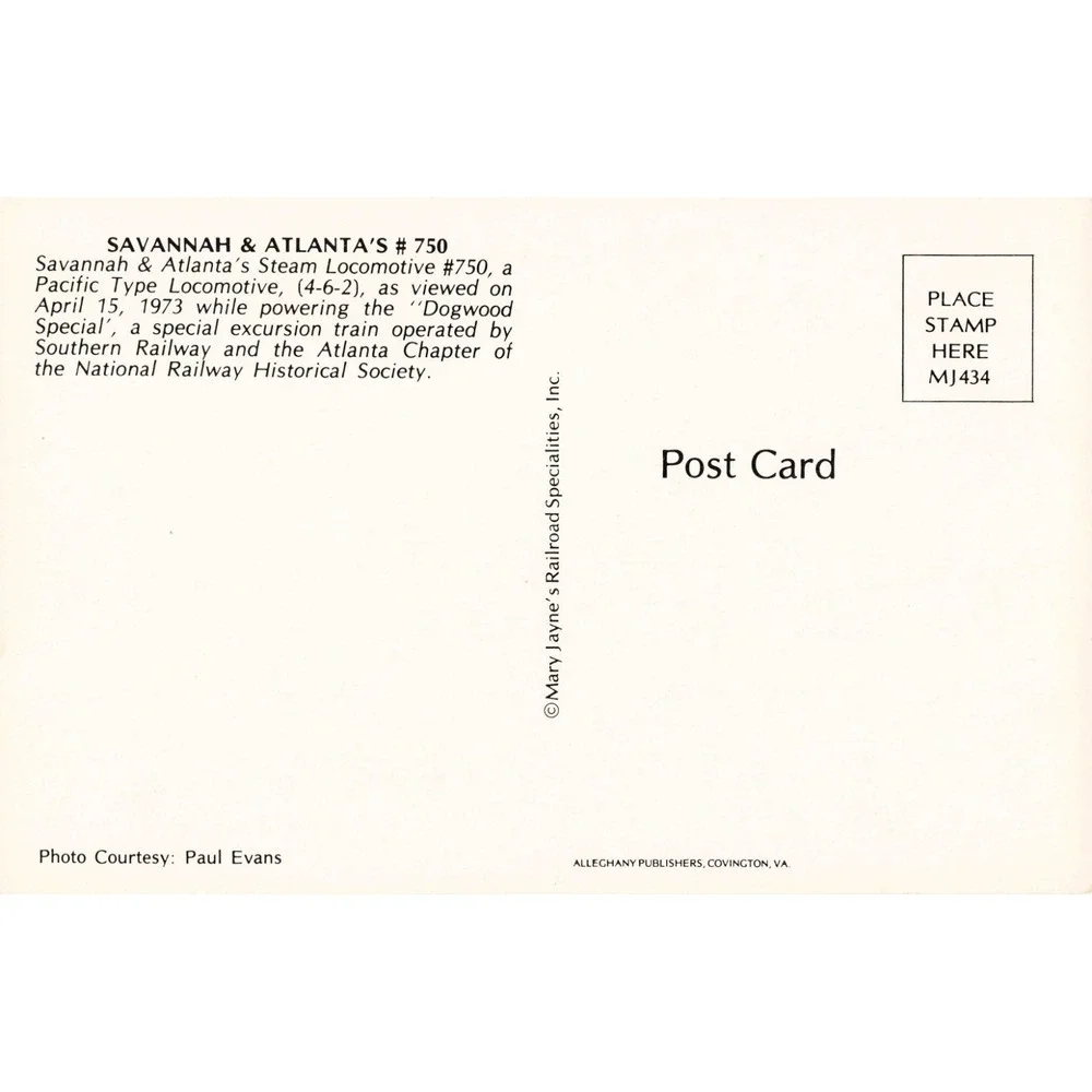 Savannah & Atlanta Steam Locomotive 750 Dogwood Special 1973 Postcard MJ434